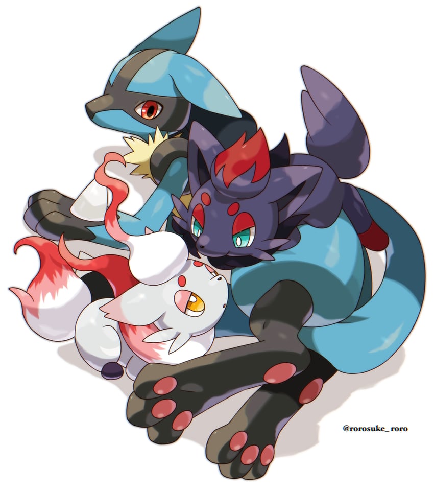 lucario, zorua, and hisuian zorua (pokemon) drawn by rorosuke
