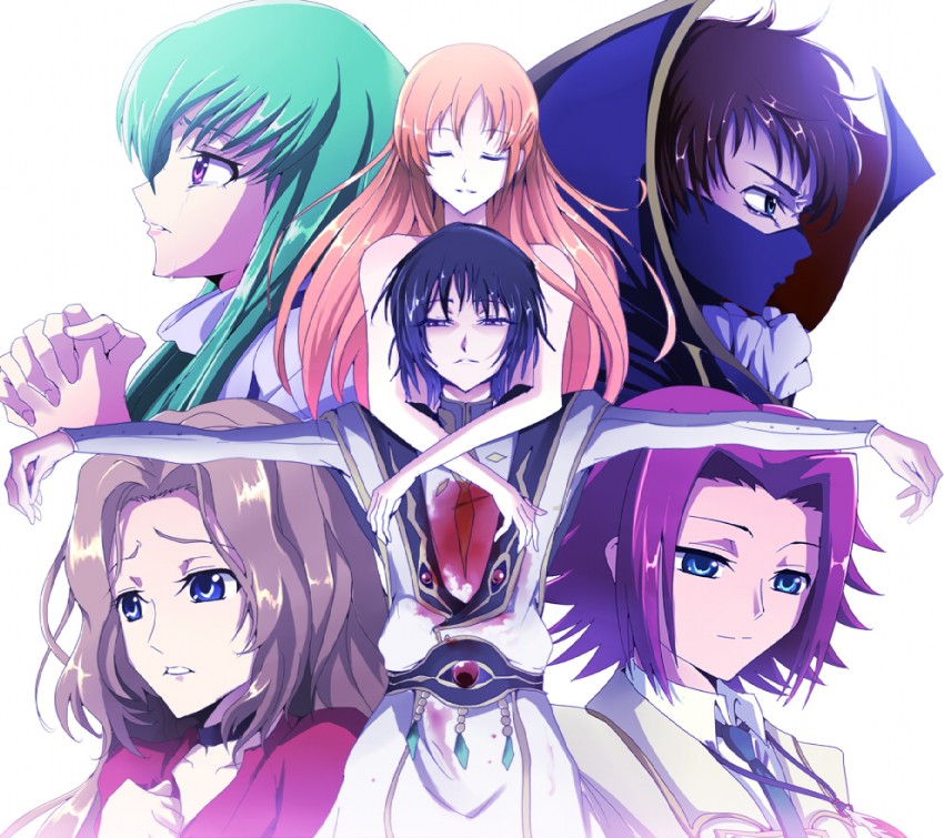 c.c., lelouch vi britannia, kouzuki kallen, kururugi suzaku, nunnally vi britannia, and 1 more (code geass) drawn by kasai_shin