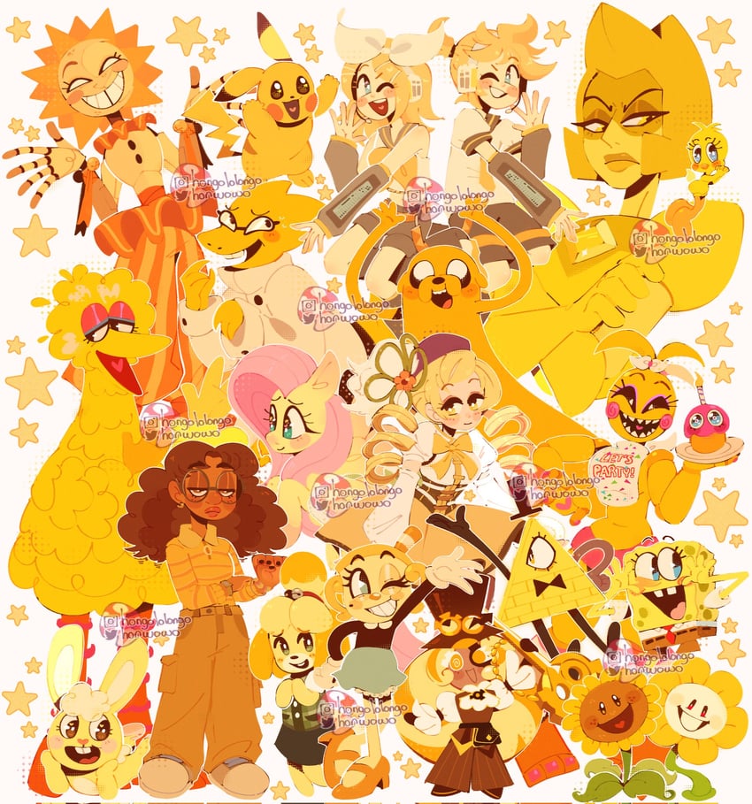 kagamine rin, tomoe mami, kagamine len, pikachu, isabelle, and 17 more (pokemon and 21 more) drawn by honguito