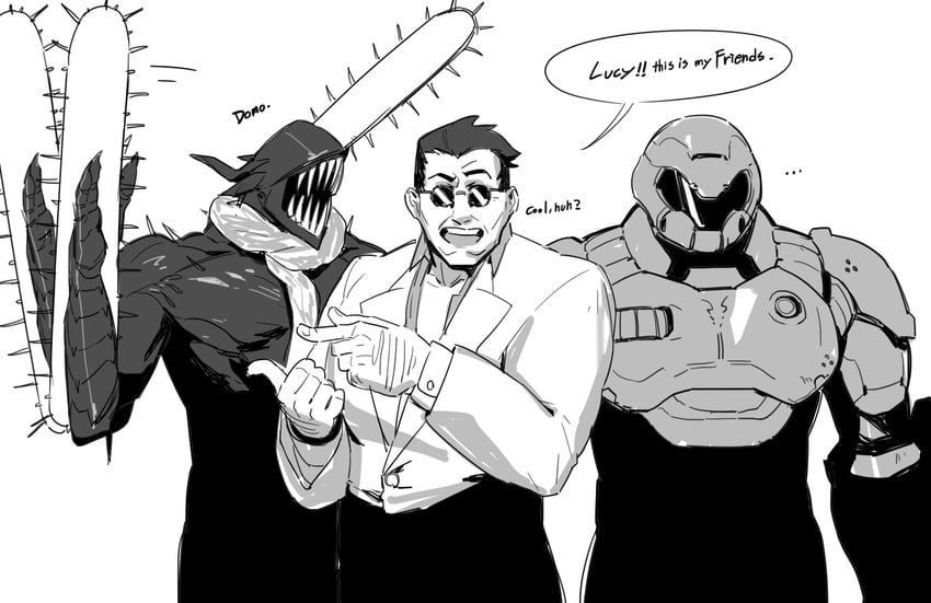 helltaker, doomguy, and chainsaw devil (chainsaw man and 2 more) drawn by hong_doo