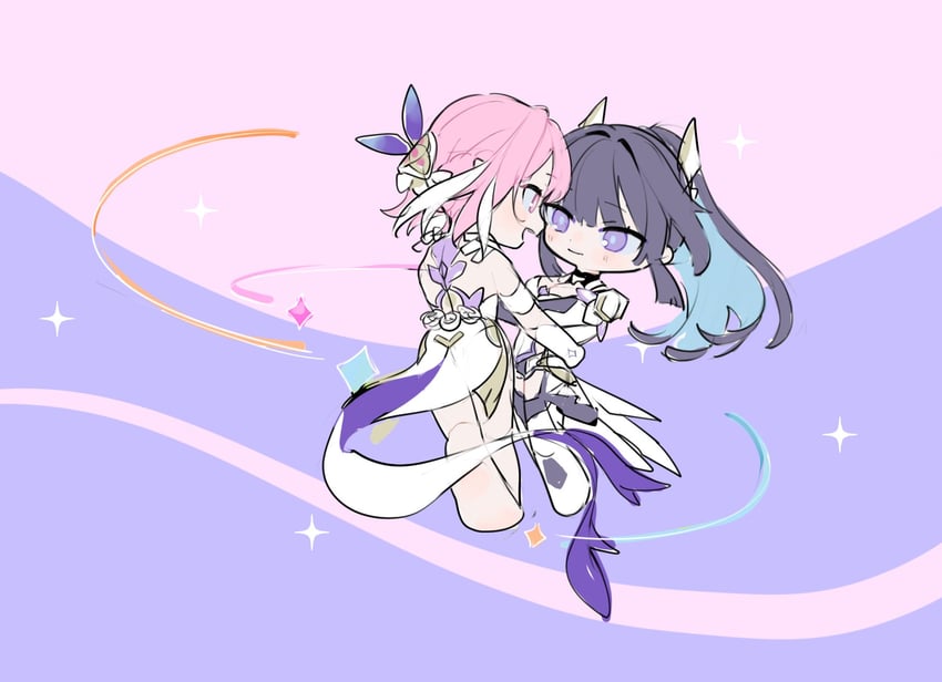 raiden mei and elysia (honkai and 1 more) drawn by roena