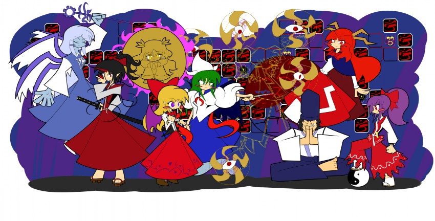 hakurei reimu, mima, konngara, sariel, elis, and 3 more (touhou and 3 more) drawn by kuchibashi_(9180)