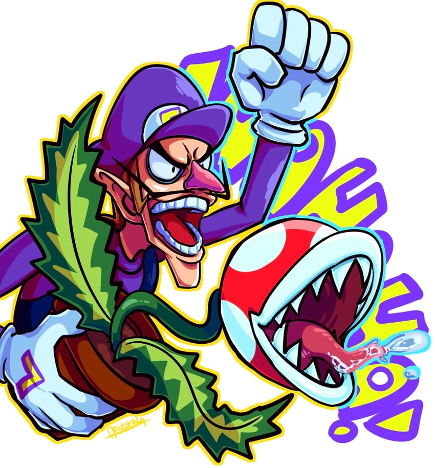 piranha plant and waluigi (mario) drawn by mu_(anitora24)