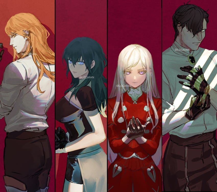female byleth, edelgard von hresvelg, hubert von vestra, and ferdinand von aegir (fire emblem and 1 more) drawn by l0gman