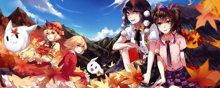shameimaru aya, himekaidou hatate, aki minoriko, aki shizuha, and kedama (touhou) drawn by hug_(yourhug)