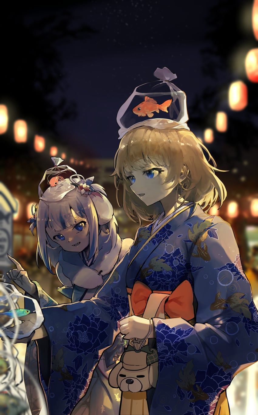 gawr gura, watson amelia, and bubba (hololive and 1 more) drawn by vyragami