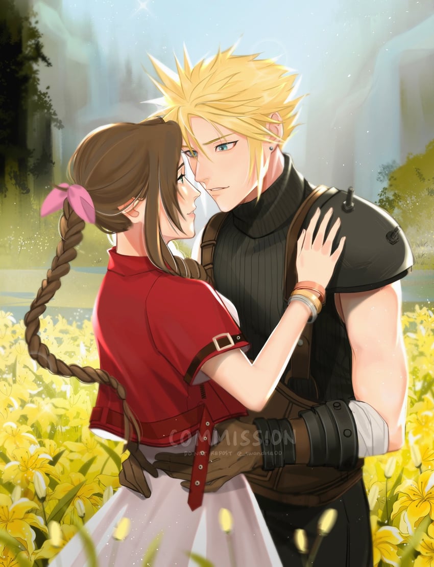 cloud strife and aerith gainsborough (final fantasy and 2 more) drawn by swandita