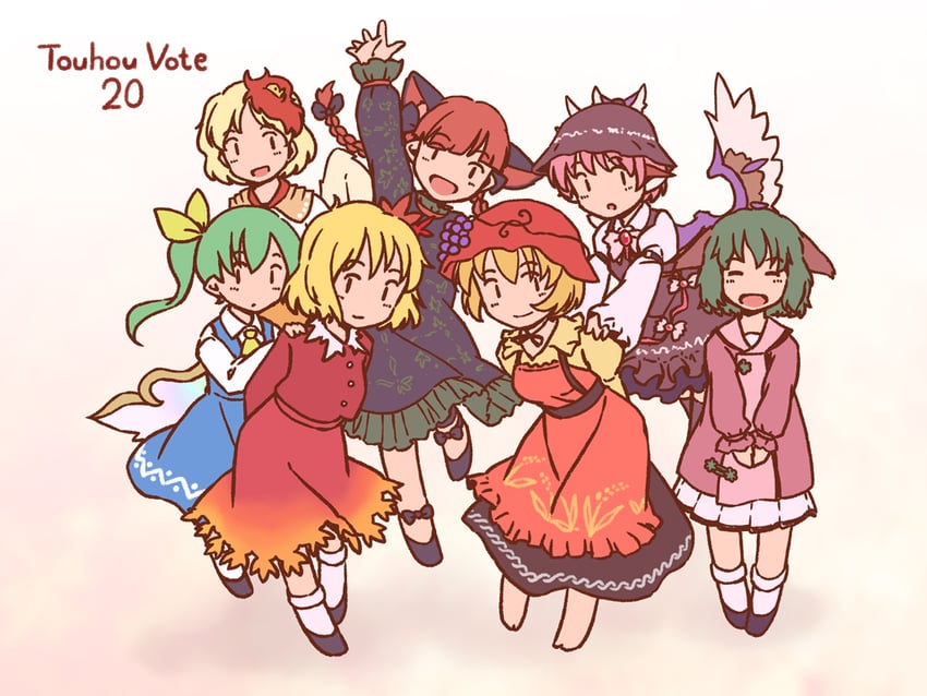 kaenbyou rin, mystia lorelei, daiyousei, kasodani kyouko, aki minoriko, and 2 more (touhou) drawn by rangycrow