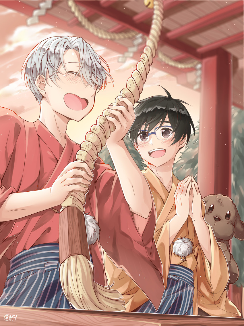 katsuki yuuri, viktor nikiforov, and makkachin (yuri!!! on ice) drawn by big_cat_shan
