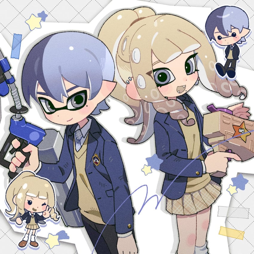 inkling player character, octoling player character, octoling girl, and inkling boy (splatoon) drawn by hg_swdiary