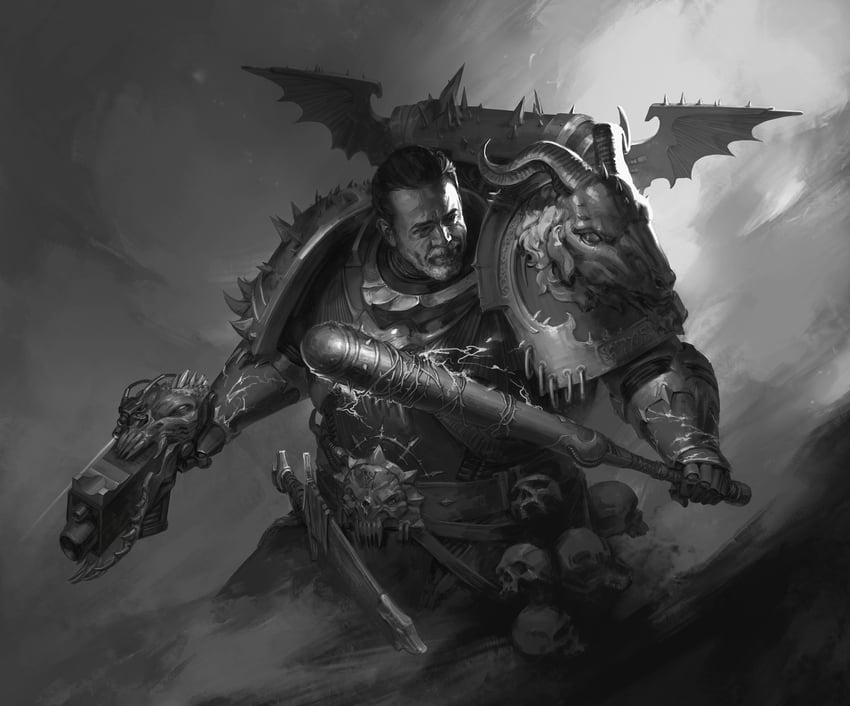 adeptus astartes, chaos space marine, and negan smith (warhammer 40k and 1 more) drawn by lironka25