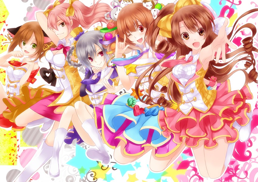 shimamura uzuki, jougasaki mika, kanzaki ranko, maekawa miku, and moroboshi kirari (idolmaster and 1 more) drawn by miri_(roll)
