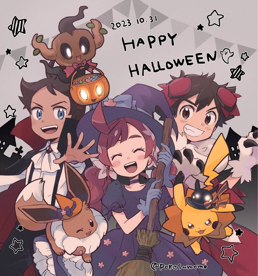 pikachu, ash ketchum, eevee, goh, chloe, and 1 more (pokemon and 1 more) drawn by pokesumomo