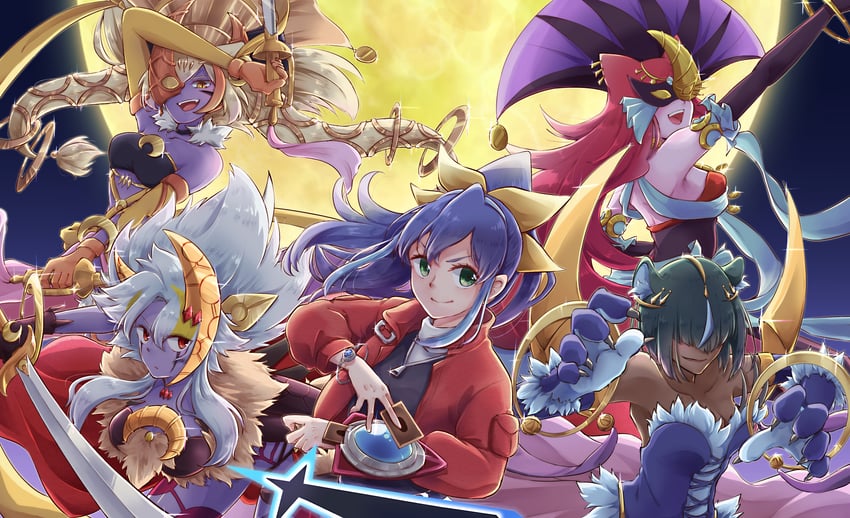 serena, lunalight leo dancer, lunalight cat dancer, lunalight panther dancer, and lunalight sabre dancer (yu-gi-oh! and 1 more) drawn by risacan6627