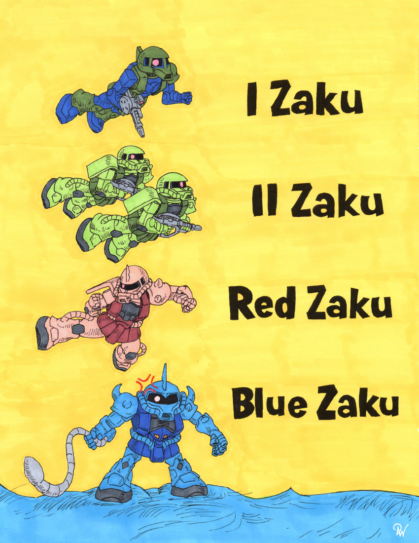 zaku ii, zaku ii s char custom, gouf, and zaku i (gundam and 2 more) drawn by dustin_wilkinson_(ozkai)