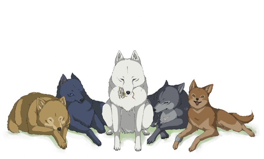 kiba, tsume, toboe, hige, and blue (wolf's rain) drawn by shiroinu
