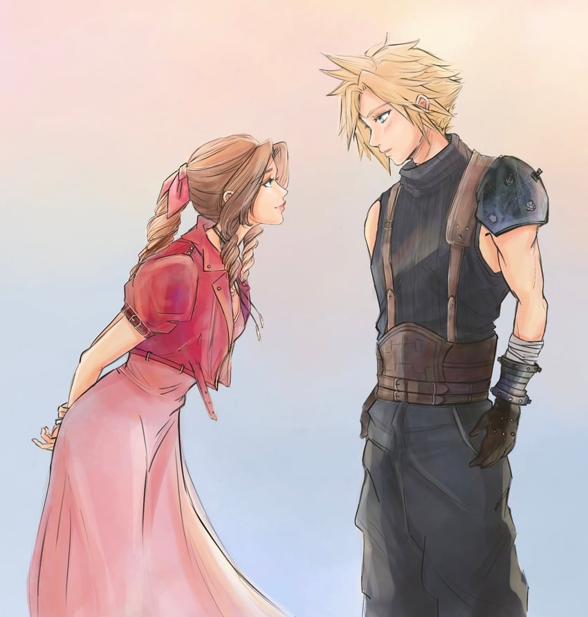 cloud strife and aerith gainsborough (final fantasy and 2 more) drawn by papermint_tea