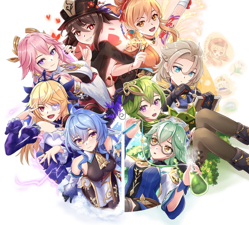 ganyu, hu tao, yae miko, paimon, klee, and 8 more (genshin impact) drawn by ryo-suzuki