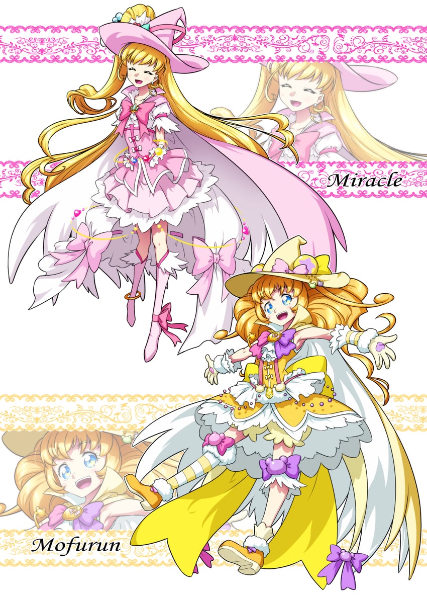 asahina mirai, cure miracle, mofurun, and cure mofurun (precure and 1 more) drawn by matatabi_(karukan222)
