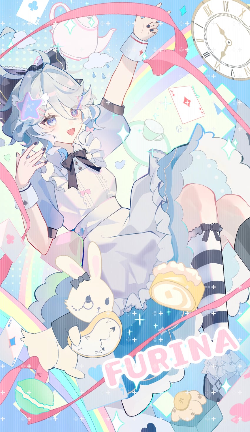 furina, alice, and white rabbit (genshin impact and 1 more) drawn by xiaolang92885