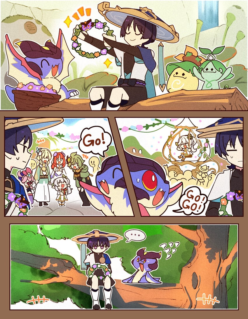 lumine, scaramouche, nahida, wanderer, nilou, and 4 more (genshin impact) drawn by enpitsu01