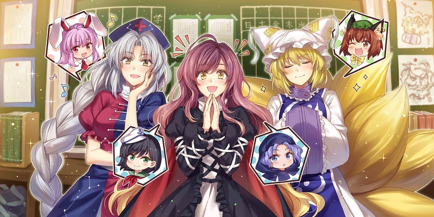 reisen udongein inaba, yakumo ran, chen, hijiri byakuren, yagokoro eirin, and 3 more (touhou and 1 more) drawn by hagiwara_rin