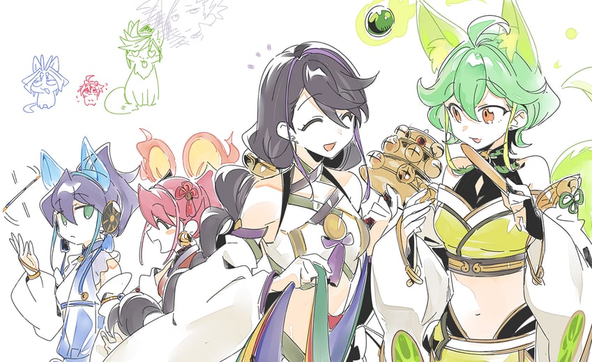 hiiragi yuzu, sakaki yuya, serena, kurosaki ruri, hu-li the jewel mikanko, and 8 more (yu-gi-oh! and 1 more) drawn by 3_ma_me