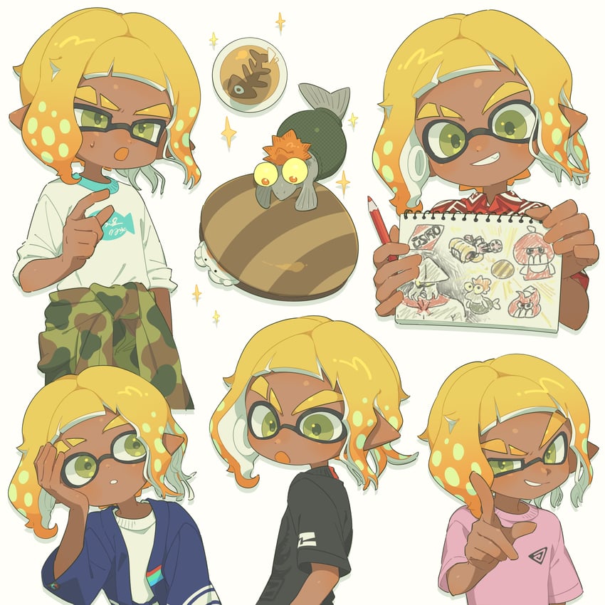 inkling player character, inkling boy, and smallfry (splatoon) drawn by surume01417