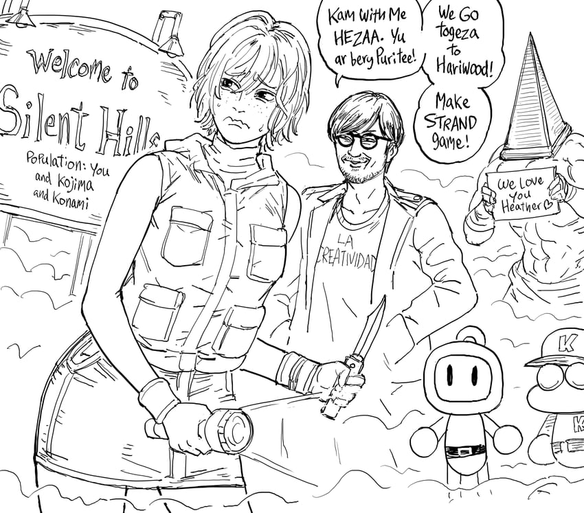 pyramid head, heather mason, white bomberman, power pro kun, and kojima hideo (silent hill and 6 more) drawn by bb_(baalbuddy)