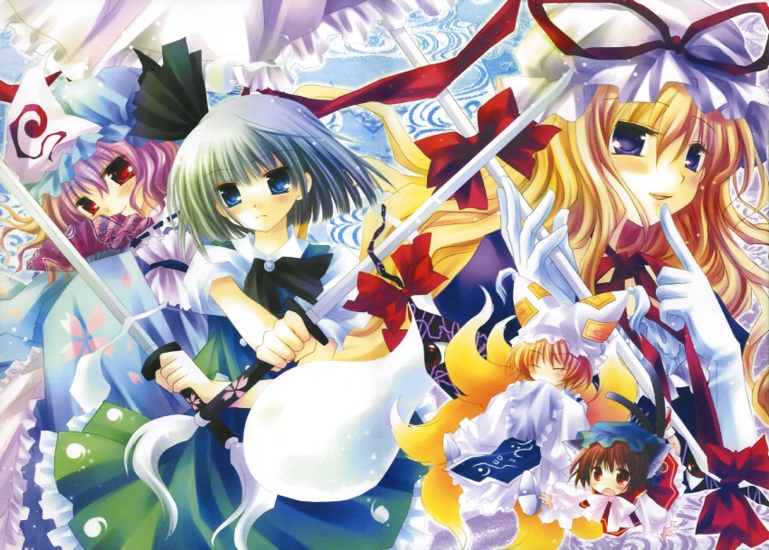 konpaku youmu, yakumo yukari, saigyouji yuyuko, yakumo ran, and chen (touhou) drawn by sakurazawa_izumi
