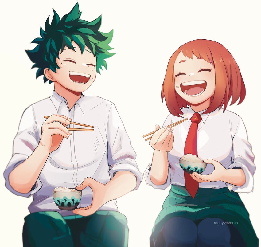 midoriya izuku and uraraka ochaco (boku no hero academia) drawn by reallyveverka
