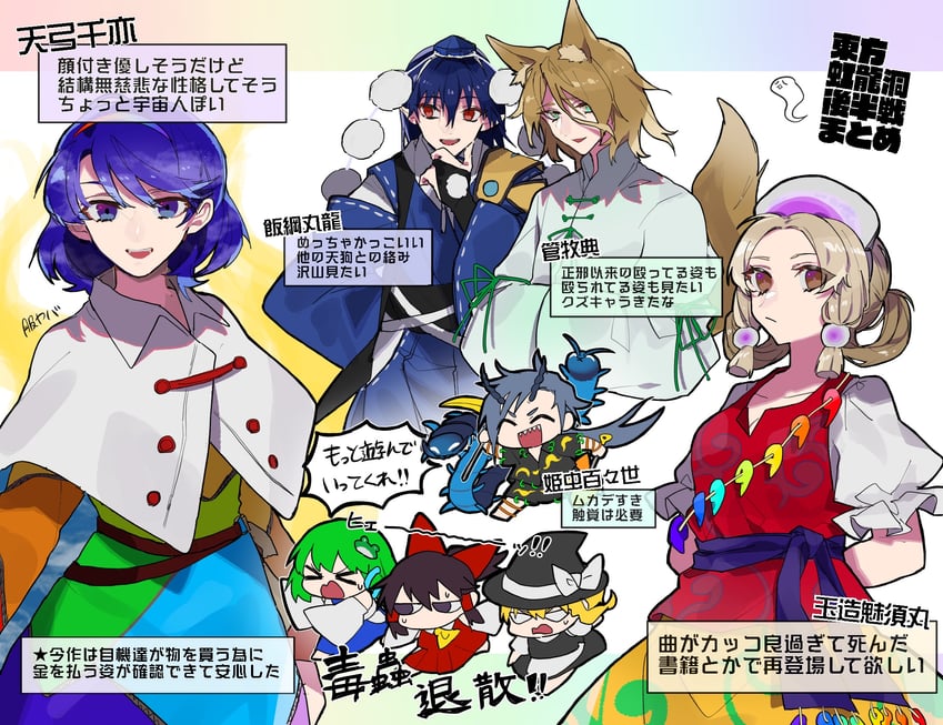 hakurei reimu, kirisame marisa, kochiya sanae, kudamaki tsukasa, iizunamaru megumu, and 3 more (touhou) drawn by fuuga_(perv_rsity)