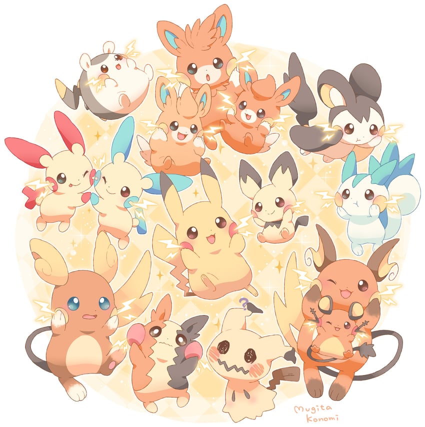 pikachu, morpeko, mimikyu, pichu, raichu, and 10 more (pokemon) drawn by mugita_konomi