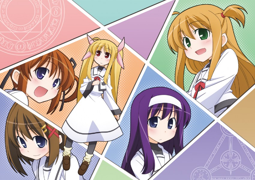 fate testarossa, takamachi nanoha, yagami hayate, arisa bunnings, and tsukimura suzuka (lyrical nanoha and 2 more) drawn by souto