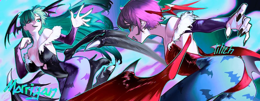 morrigan aensland and lilith (darkstalkers) drawn by pungson_mori