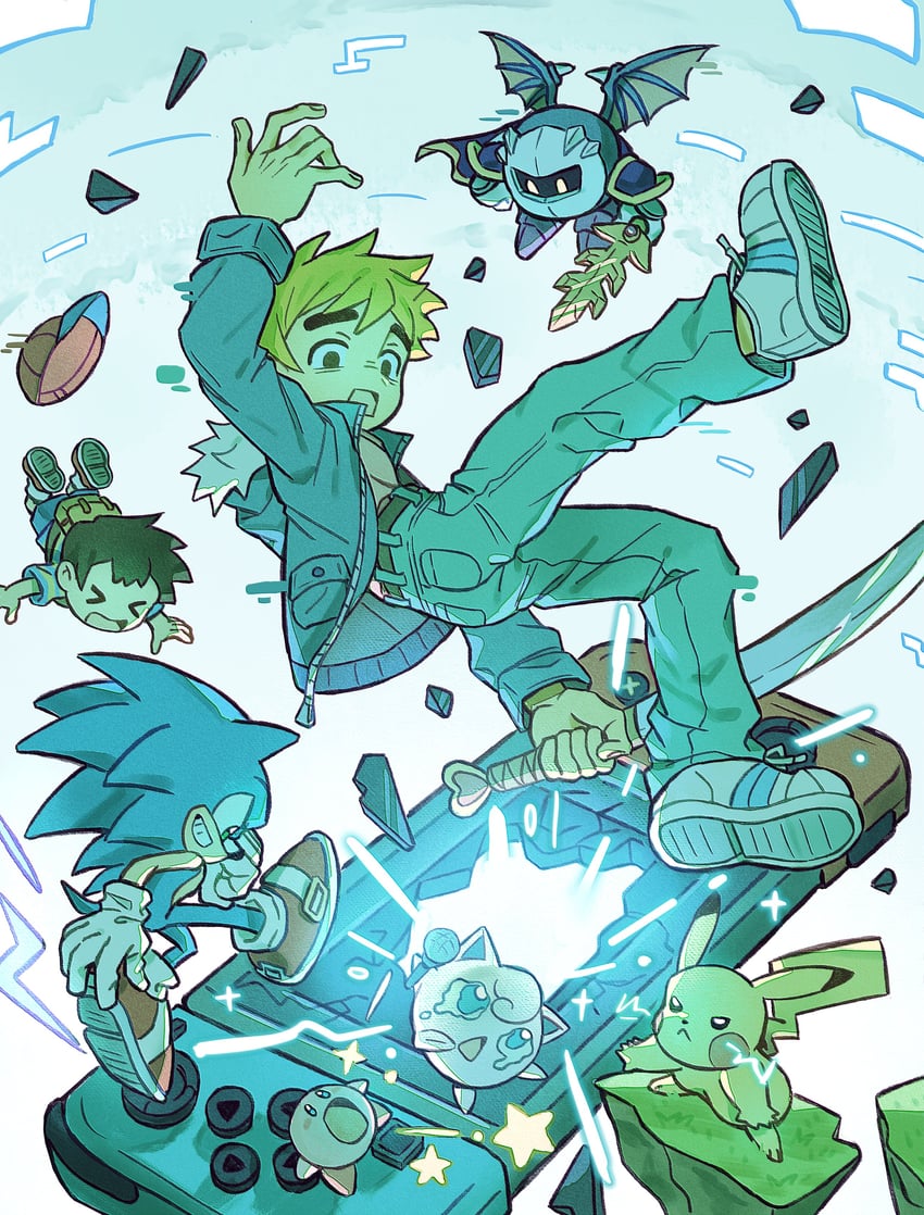 pikachu, kirby, sonic the hedgehog, jigglypuff, meta knight, and 2 more (pokemon and 7 more) drawn by xxyang4747