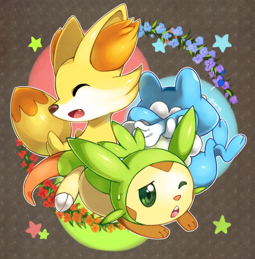 fennekin, chespin, and froakie (pokemon) drawn by jiayi
