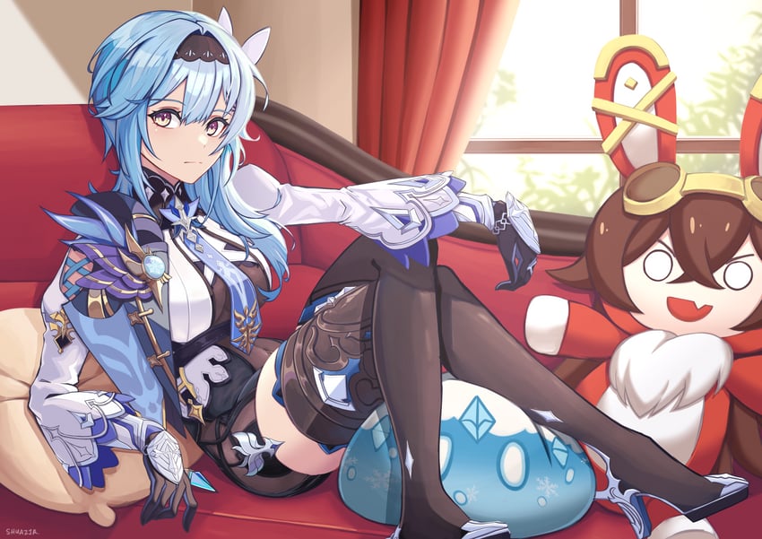 eula, slime, baron bunny, and cryo slime (genshin impact) drawn by shuazir