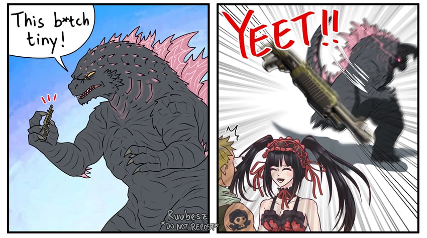 tokisaki kurumi and godzilla (date a live and 2 more) drawn by ruubesz