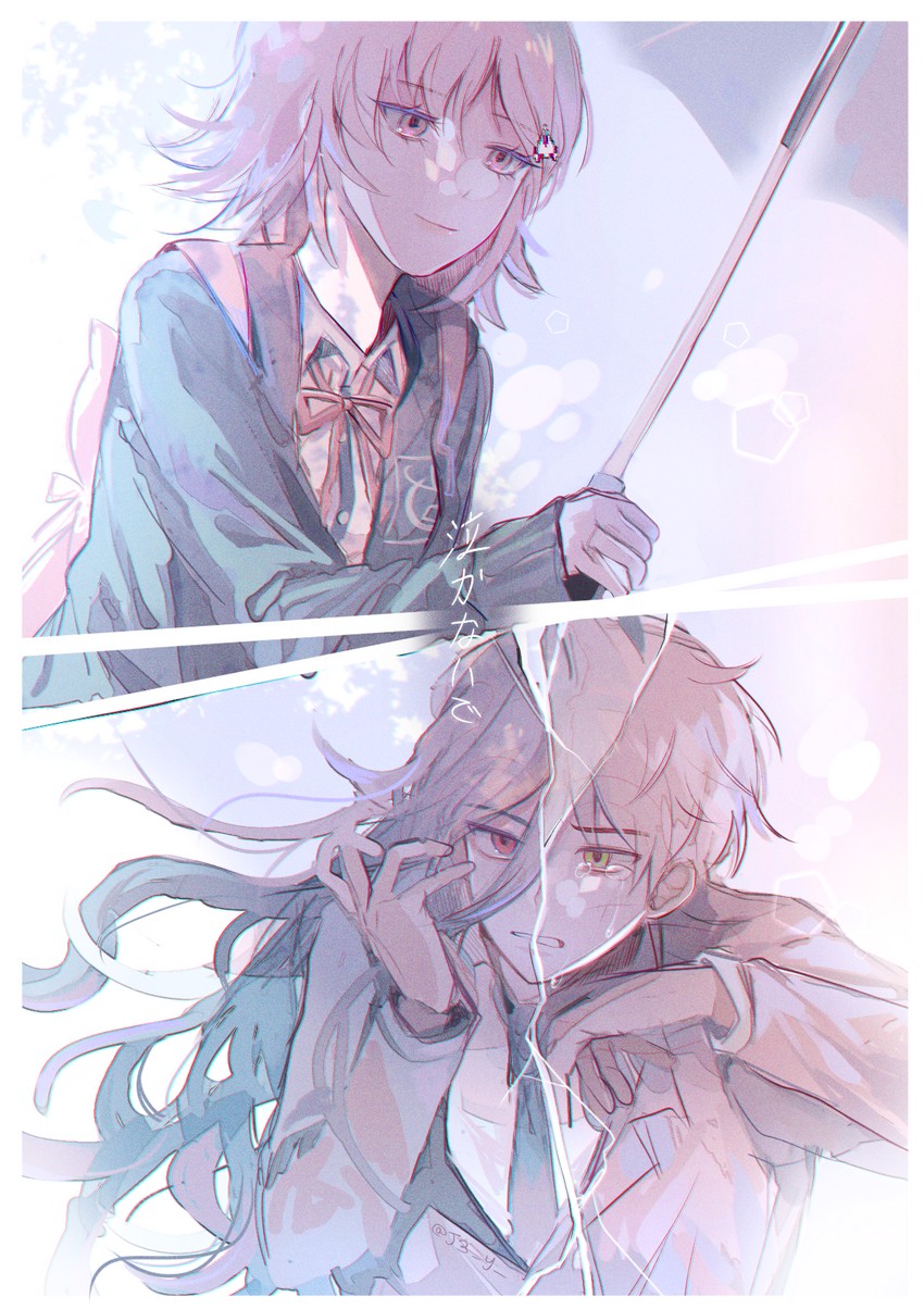 nanami chiaki, hinata hajime, and kamukura izuru (danganronpa and 2 more) drawn by jey_(j3y)