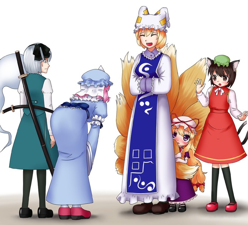 konpaku youmu, yakumo yukari, saigyouji yuyuko, yakumo ran, and chen (touhou) drawn by kirisaki_akihito