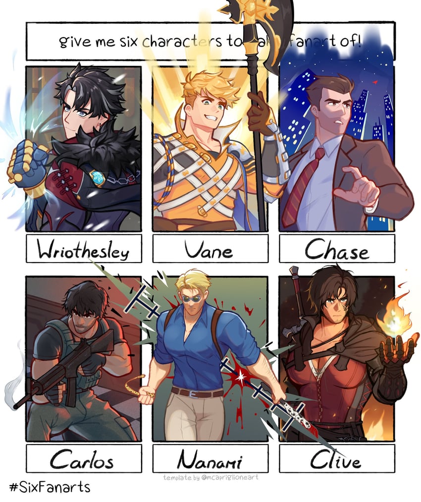 nanami kento, wriothesley, vane, clive rosfield, carlos oliveira, and 1 more (genshin impact and 7 more) drawn by jon_(jonigiri)