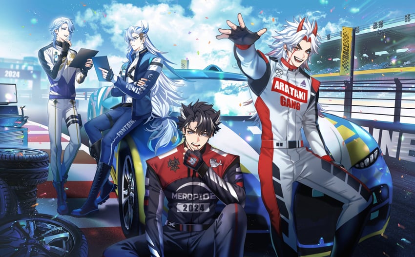 neuvillette, kamisato ayato, wriothesley, and arataki itto (genshin impact) drawn by onegingek