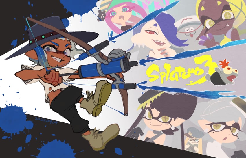 inkling player character, inkling girl, shiver, smallfry, frye, and 6 more (splatoon and 1 more) drawn by ukata