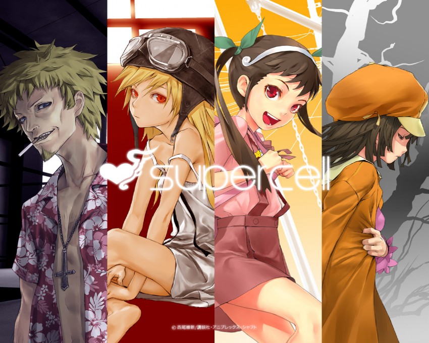 oshino shinobu, sengoku nadeko, hachikuji mayoi, and oshino meme (monogatari and 1 more) drawn by redjuice