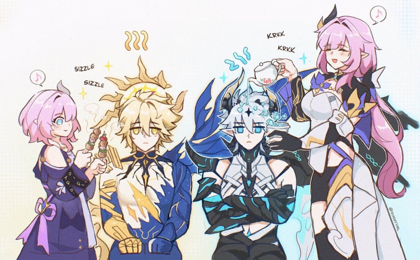 elysia, phainon, cyrene, kevin kaslana, inoue marina, and 2 more (honkai and 2 more) drawn by yammyyml