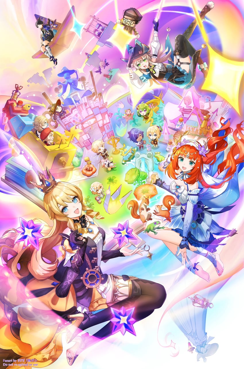 lumine, scaramouche, aether, wanderer, mona, and 12 more (genshin impact) drawn by okkobc