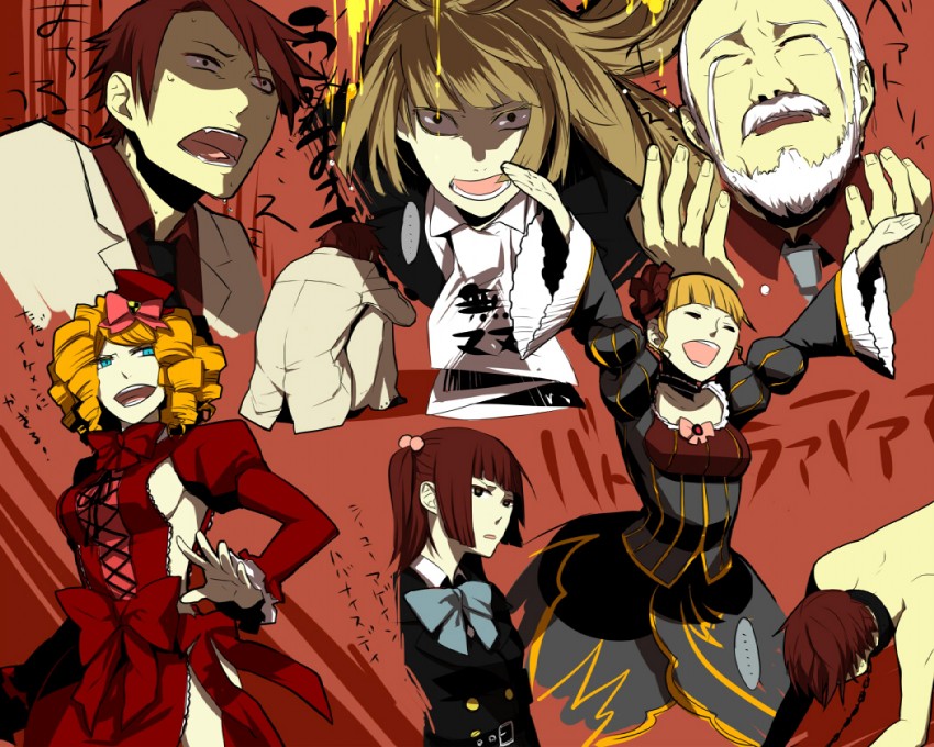 beatrice, ushiromiya battler, ushiromiya ange, ushiromiya rosa, gaap, and 1 more (umineko no naku koro ni) drawn by mohikan5