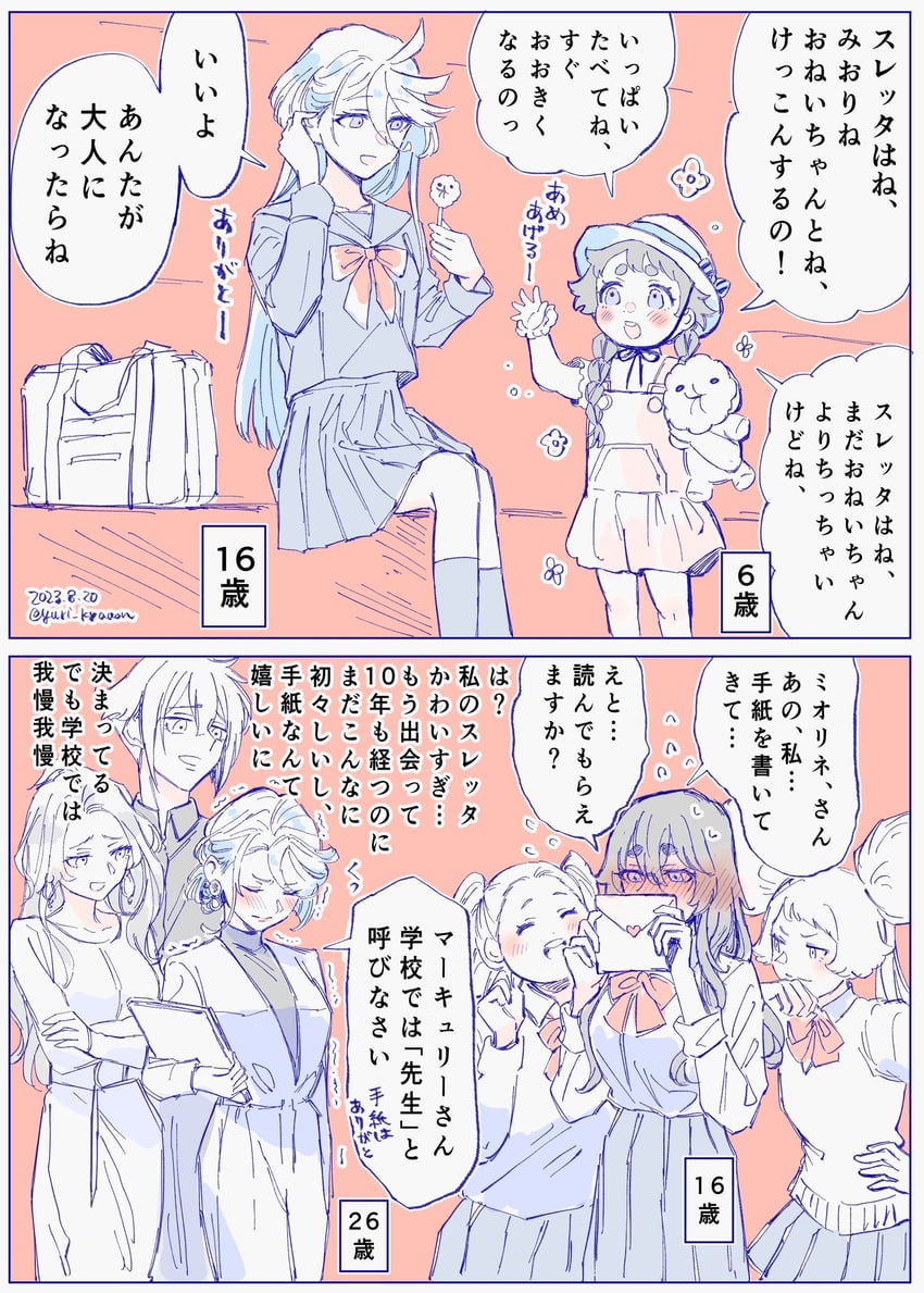 suletta mercury, miorine rembran, secelia dote, elan ceres, and chuatury panlunch (gundam and 1 more) drawn by yuri_kyanon