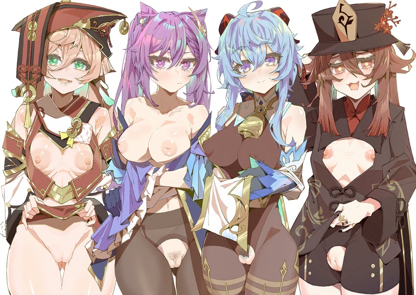 ganyu, hu tao, keqing, and yanfei (genshin impact) drawn by e_sky_rugo